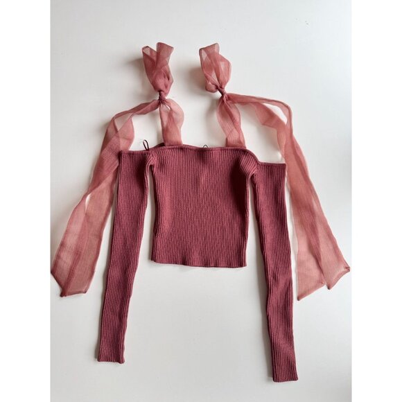 NWOT ZARA Rose Mauve Ribbed Knit Organza Tie Strap Cold Shoulder Top, Size S - Picture 5 of 13